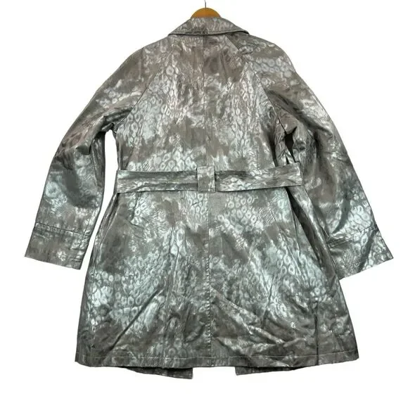 Via Spiga Coat Womens Sz L Silver Cheetah Leopard Animal Print Raincoat Trench - Picture 7 of 16